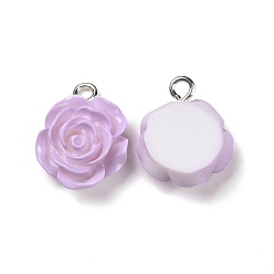Lilac Opaque Resin Pendants, with Platinum Tone Iron Loops, Rose Charm, Lilac, 17.5x14x6.5mm, Hole: 2mm