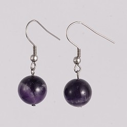 Amethyst Round 304 Stainless Steel Natural Amethyst Dangle Earrings, 35mm, Pin: 0.8mm