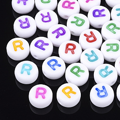 Letter R Initial Acrylic Beads, Horizontal Hole, Flat Round, Mixed Color, Letter.R, 7x3.5~4mm, Hole: 1.2mm, about 3700pcs/500g