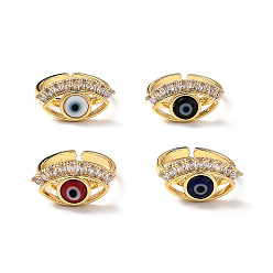 Mixed Color Lampwork Evil Eye Open Cuff Ring with Clear Cubic Zirconia, Real 18K Gold Plated Brass Jewelry for Women, Mixed Color, Inner Diameter: 17mm