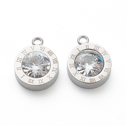 Stainless Steel Color 304 Stainless Steel Rhinestone Charms, Flat Round with Roman Numerals, Crystal, Stainless Steel Color, 14x11x4.5mm, Hole: 1.8mm