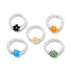 Mixed Color Shell Pearl Stretch Finger Ring, Handmade Millefiori Glass Flower Beads Finger Ring for Women, Mixed Color, US Size 7 3/4(17.9mm)