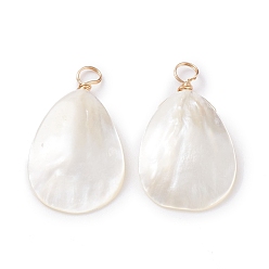 Creamy White Natural Trochid Shell/Trochus Shell Pendants, with Real 18K Gold Plated Copper Wire, Teardrop, Creamy White, 31.5x18x4mm, Hole: 3.7mm