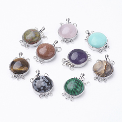 Mixed Stone Natural/Synthetic Mixed Stone Box Clasps, with Brass Finding, Flat Round, Platinum, 26.5x17.5x8~9mm, Hole: 1mm