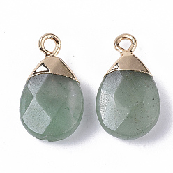 Aventurine Natural Green Aventurine Pendants, with Top Golden Plated Iron Loops, Teardrop, Faceted, 17~19x10x5mm, Hole: 1.8mm