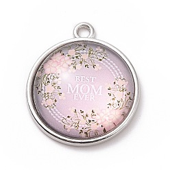 Pearl Pink Mother's Day Theme Alloy Glass Pendants, Flat Round with Word, Pearl Pink, 23.5x20x6mm, Hole: 2mm