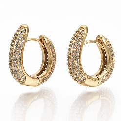 Real 18K Gold Plated Brass Micro Pave Clear Cubic Zirconia Hoop Earrings, Real 16K Gold Plated, 19x18x4.5mm, Pin: 1x1mm