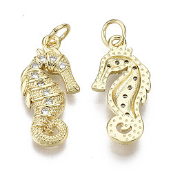 Real 14K Gold Plated Brass Micro Pave Clear Cubic Zirconia Pendants, with Jump Ring, Nickel Free, Sea Horse Shape, Real 14K Gold Plated, 20x10x3mm, Jump Ring: 5x1mm, 3mm inner diameter