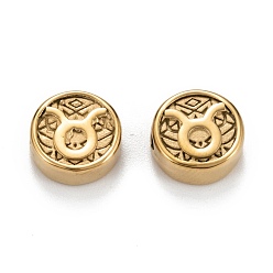 Taurus Ion Plating(IP) 304 Stainless Steel Beads, Flat Round with Constellations Pattern, Taurus, 10x4mm, Hole: 1.8mm