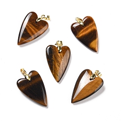 Tiger Eye Natural Tiger Eye Pendants, with Rack Plating Golden Plated Brass Findings, Long-Lasting Plated, Heart, 32~34x20x8mm, Hole: 4x4mm