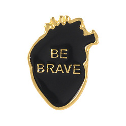 Black Creative Zinc Alloy Brooches, Enamel Lapel Pin, with Iron Butterfly Clutches or Rubber Clutches, Anatomical Heart Shape with Word Be Brave, Golden, Black, 28x20mm, Pin: 1mm