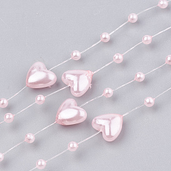 Pink ABS plastique imitation perle garniture perlée guirlande brin, idéal pour le rideau de porte, matériel de bricolage de décoration de mariage, coeur et rond, rose, 9x9 mm et 3 mm, environ 60 m / rouleau