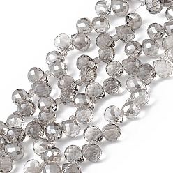 Gris Foncé Transparentes perles de verre de galvanoplastie brins, facette, larme percée en haut, perle plaquée lustre, gris foncé, 10x7.5~8mm, Trou: 0.8~1mm, Environ 95~100 pcs/chapelet, 23.23~26.77 (59~68 cm)