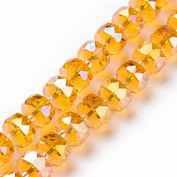 Orange Electroplate Transparent Glass Beads Strands, AB Color Plated, Faceted, Rondelle, Orange, 7.5~8x4.5mm, Hole: 1.2mm, about 80pcs/strand, 22.05''(56cm)