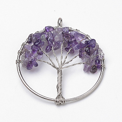 Amethyst Natural Amethyst Big Pendants, with Brass Findings, Flat Round with Tree of Life, Platinum, 57~58x51x5~7mm, Hole: 5mm