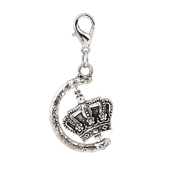 Antique Silver Tibetan Style Alloy Crown Pendants Decorations, Lobster Clasp Charms, for Keychain, Purse, Backpack Ornament, Antique Silver, 39mm, Pendant: 26x18x5mm