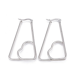 Stainless Steel Color 201 Stainless Steel Hoop Earrings, with 304 Stainless Steel Pin, Hypoallergenic Earrings, Triangle with Heart, Stainless Steel Color, 46.5x30x1.9mm, Pin: 0.8mm