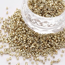 Pale Goldenrod Plated Glass Cylinder Beads, Seed Beads, Metallic Colours, Round Hole, Pale Goldenrod, 1.5~2x1~2mm, Hole: 0.8mm, about 8000pcs/bag, about 1pound/bag