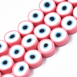 Pink Handmade Polymer Clay Beads Strands, Flat Round with Evil Eye, Pink, 8~11x4mm, Hole: 1.2mm, about 40pcs/strand, 13.98 inch~ 15.35inch(35.5cm~39cm)
