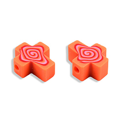 Orange Red Handmade Polymer Clay Beads, Cross, Orange Red, 12x10x4.5mm, Hole: 1.6mm
