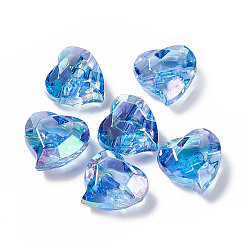 Dodger Blue Transparent Acrylic European Beads, Large Hole Bead, Faceted Heart, Dodger Blue, 22x23x12.5mm, Hole: 4.5mm