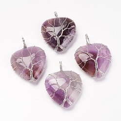 Amethyst Natural Amethyst Pendants, with Brass Findings, Heart, Platinum, 39~42x30~31x10~11mm, Hole: 5mm