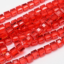 Красный Граненый куб прозрачный стеклянный бисер пряди, красные, 5.5x5.5x5.5 мм, отверстие : 1 мм, около 94 шт / нитка, 20.4 дюйм