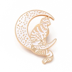 White Moon with Cat Enamel Pin, Golden Alloy Cartoon Brooch for Backpack Clothes, White, 35x31x1.5mm