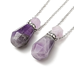 Amethyst Openable Faceted Natural Amethyst Perfume Bottle Pendant Necklaces for Women, 304 Stainless Steel Cable Chain Necklaces, Stainless Steel Color, 18.74 inch(47.6cm)