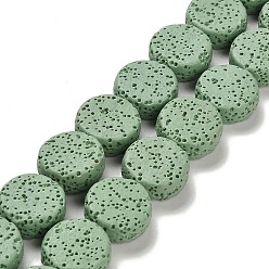 Dark Sea Green Natural Lava Rock Beads Strands, Flat Round, Dyed, Dark Sea Green, 14~14.5x6mm, Hole: 1.6mm, about 28pcs/strand, 15.75 inch(40cm)