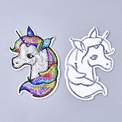 Colorful Computerized Embroidery Cloth Iron On Patches, with Paillette, Costume Accessories, Appliques, Unicorn, Colorful, 108x69x1.5mm