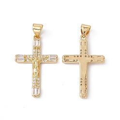 Clear Rack Plating Brass Micro Pave Cubic Zirconia Pendants,  Cadmium Free & Nickel Free & Lead Free, Real 18K Gold Plated, Crucifix Cross, Clear, 28x18x2mm, Hole: 5x3.5mm