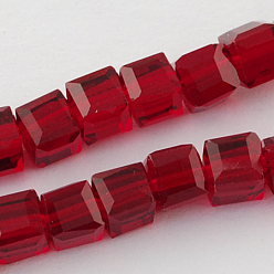 Rojo Oscuro Abalorios de vidrio, facetados, cubo, de color rojo oscuro, 7~8x7~8x7~8 mm, agujero: 1 mm, sobre 72 unidades / cadena, 21.6 pulgada