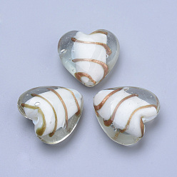 White Handmade Gold Sand Lampwork Beads, Heart, White, 33~35x34~36x16~17mm, Hole: 2~3mm