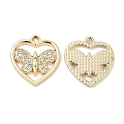 Oro Colgantes de diamantes de imitación de aleación con revestimiento ultravioleta, sin plomo y cadmio, corazón con dijes de mariposa, dorado, 18.5x17x1.8 mm, agujero: 1.6 mm