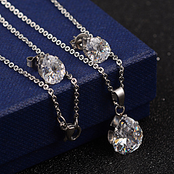 Clear Teardrop 304 Stainless Steel Cubic Zirconia Pendant Necklaces and Stud Earrings, Clear, 17.7 inch, 9x7x6mm, Pin:0.8mm