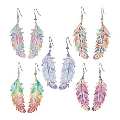 Mixed Color 201 Stainless Steel Feather Dangle Earrings, Brass Jewelry, Mixed Color, 63x16mm