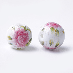 Rose Chaud Perles de verre imprimées et peintes au pistolet, ronde avec motif de fleurs, rose chaud, 8~8.5x7.5mm, Trou: 1.4mm
