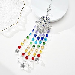 Colorful Hamsa Hand/Hand of Miriam with Evil Eye Alloy Pendant Decoration, Hanging Suncatcher, with Glass Teardrop/Cone Charm and Octagon Link, Colorful, 490mm