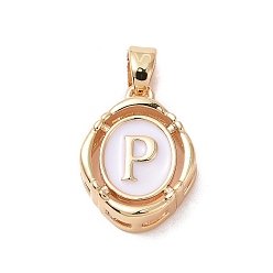 Letter P 304 Stainless Steel Enamel Pendants, Oval with Letter, Golden, White, Letter.P, 15.5x11.5x4mm, Hole: 4.5x2.5mm