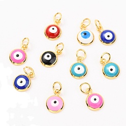 Mixed Color Brass Enamel Charms, Real 18K Gold Plated, Long-Lasting Plated, with Jump Ring, Flat Round with Evil Eye, Mixed Color, 11x8x3mm, Hole: 3.4mm, Jump Ring:  5x0.8mm