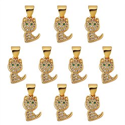 Real 18K Gold Plated 10Pcs Brass Micro Pave Clear Cubic Zirconia Pendants, Long-Lasting Plated, Cat, Real 18K Gold Plated, 18x8.5x2mm