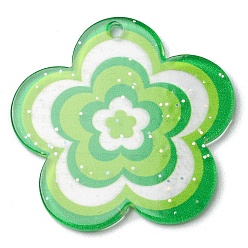 Jaune Vert Pendentifs en acrylique avec poudre de paillettes, fleur, jaune vert, 30.5x31.5x1.8mm, Trou: 1.8mm