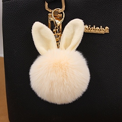 PapayaWhip Easter Rabbit Faux Fluffy Ball Pendant Keychains, with Alloy Finding, PapayaWhip, 90~100mm