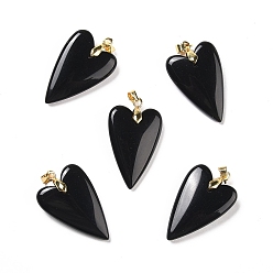 Obsidian Natural Obsidian Pendants, with Rack Plating Golden Plated Brass Findings, Long-Lasting Plated, Heart, 32~34x20x8mm, Hole: 4x4mm