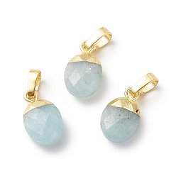 Aquamarine Natural Aquamarine Charms, with Light Gold Tone Brass Findings, Faceted, Cadmium Free & Lead Free, Oval, 14x8x5mm, Hole: 6x4mm