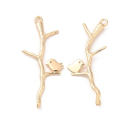 Real 18K Gold Plated Brass Pendants, Branch with Bird Charm, Real 18K Gold Plated, 35.5x15x2mm, Hole: 1.2mm