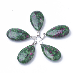 Ruby in Zoisite Natural Ruby in Zoisite Pendants, with Alloy Findings, teardrop, Dyed, Platinum, 45~46x23~24x11~12mm, Hole: 8x4mm