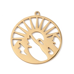 Golden 304 Stainless Steel Pendants, Flat Round with Sun & Mountain Charm, Golden, 27x25x0.9mm, Hole: 1.4mm