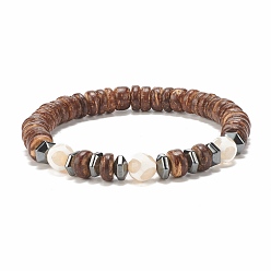Coconut Brown Mala Bead Bracelet, Natural Coconut & Tibetan Agate & Synthetic Hematite Stretch Bracelet, Tibetan dZi Beads Jewelry for Women, Coconut Brown, Inner Diameter: 2-1/8 inch(5.3cm)